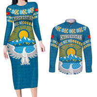 Kyrgyzstan Mountain Sunrise Couples Matching Long Sleeve Bodycon Dress and Long Sleeve Button Shirt with Blue with Eagle, Sun, and National Flag Design