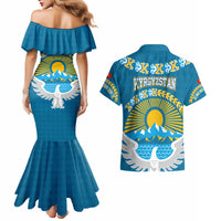 Kyrgyzstan Mountain Sunrise Couples Matching Mermaid Dress and Hawaiian Shirt with Blue with Eagle, Sun, and National Flag Design