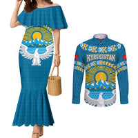 Kyrgyzstan Mountain Sunrise Couples Matching Mermaid Dress and Long Sleeve Button Shirt with Blue with Eagle, Sun, and National Flag Design