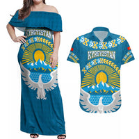 Kyrgyzstan Mountain Sunrise Couples Matching Off Shoulder Maxi Dress and Hawaiian Shirt with Blue with Eagle, Sun, and National Flag Design