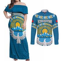 Kyrgyzstan Mountain Sunrise Couples Matching Off Shoulder Maxi Dress and Long Sleeve Button Shirt with Blue with Eagle, Sun, and National Flag Design