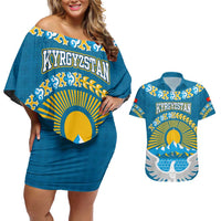 Kyrgyzstan Mountain Sunrise Couples Matching Off Shoulder Short Dress and Hawaiian Shirt with Blue with Eagle, Sun, and National Flag Design