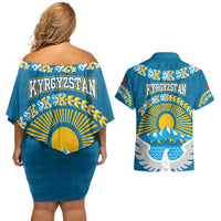 Kyrgyzstan Mountain Sunrise Couples Matching Off Shoulder Short Dress and Hawaiian Shirt with Blue with Eagle, Sun, and National Flag Design