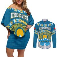 Kyrgyzstan Mountain Sunrise Couples Matching Off Shoulder Short Dress and Long Sleeve Button Shirt with Blue with Eagle, Sun, and National Flag Design