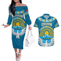 Kyrgyzstan Mountain Sunrise Couples Matching Off The Shoulder Long Sleeve Dress and Hawaiian Shirt with Blue with Eagle, Sun, and National Flag Design