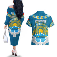 Kyrgyzstan Mountain Sunrise Couples Matching Off The Shoulder Long Sleeve Dress and Hawaiian Shirt with Blue with Eagle, Sun, and National Flag Design