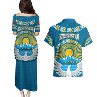 Kyrgyzstan Mountain Sunrise Couples Matching Puletasi and Hawaiian Shirt with Blue with Eagle, Sun, and National Flag Design