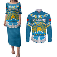 Kyrgyzstan Mountain Sunrise Couples Matching Puletasi and Long Sleeve Button Shirt with Blue with Eagle, Sun, and National Flag Design