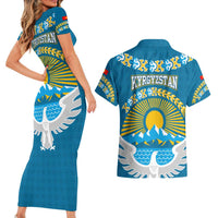 Kyrgyzstan Mountain Sunrise Couples Matching Short Sleeve Bodycon Dress and Hawaiian Shirt with Blue with Eagle, Sun, and National Flag Design