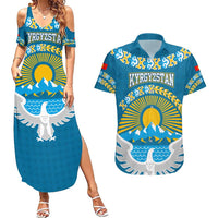 Kyrgyzstan Mountain Sunrise Couples Matching Summer Maxi Dress and Hawaiian Shirt with Blue with Eagle, Sun, and National Flag Design