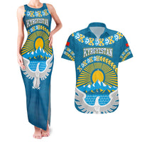Kyrgyzstan Mountain Sunrise Couples Matching Tank Maxi Dress and Hawaiian Shirt with Blue with Eagle, Sun, and National Flag Design
