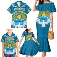 Kyrgyzstan Mountain Sunrise Family Matching Mermaid Dress and Hawaiian Shirt with Blue with Eagle, Sun, and National Flag Design