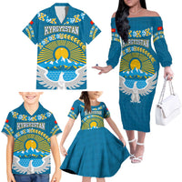 Kyrgyzstan Mountain Sunrise Family Matching Off The Shoulder Long Sleeve Dress and Hawaiian Shirt with Blue with Eagle, Sun, and National Flag Design