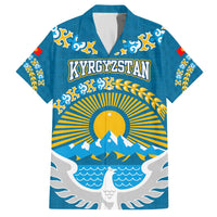 Kyrgyzstan Mountain Sunrise Family Matching Off The Shoulder Long Sleeve Dress and Hawaiian Shirt with Blue with Eagle, Sun, and National Flag Design