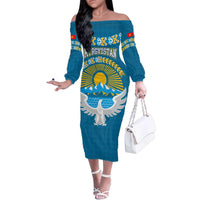 Kyrgyzstan Mountain Sunrise Family Matching Off The Shoulder Long Sleeve Dress and Hawaiian Shirt with Blue with Eagle, Sun, and National Flag Design