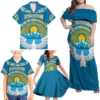 Kyrgyzstan Mountain Sunrise Family Matching Off Shoulder Maxi Dress and Hawaiian Shirt with Blue with Eagle, Sun, and National Flag Design