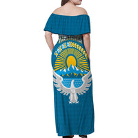 Kyrgyzstan Mountain Sunrise Family Matching Off Shoulder Maxi Dress and Hawaiian Shirt with Blue with Eagle, Sun, and National Flag Design