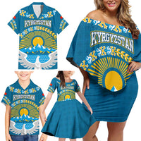 Kyrgyzstan Mountain Sunrise Family Matching Off Shoulder Short Dress and Hawaiian Shirt with Blue with Eagle, Sun, and National Flag Design