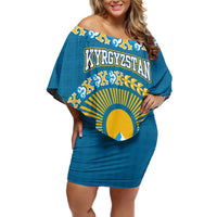 Kyrgyzstan Mountain Sunrise Family Matching Off Shoulder Short Dress and Hawaiian Shirt with Blue with Eagle, Sun, and National Flag Design