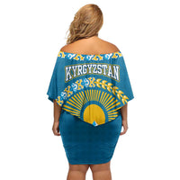 Kyrgyzstan Mountain Sunrise Family Matching Off Shoulder Short Dress and Hawaiian Shirt with Blue with Eagle, Sun, and National Flag Design
