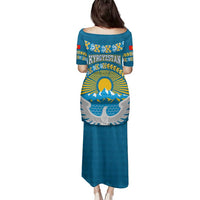 Kyrgyzstan Mountain Sunrise Family Matching Puletasi and Hawaiian Shirt with Blue with Eagle, Sun, and National Flag Design