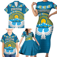 Kyrgyzstan Mountain Sunrise Family Matching Short Sleeve Bodycon Dress and Hawaiian Shirt with Blue with Eagle, Sun, and National Flag Design