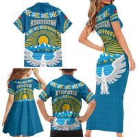 Kyrgyzstan Mountain Sunrise Family Matching Short Sleeve Bodycon Dress and Hawaiian Shirt with Blue with Eagle, Sun, and National Flag Design