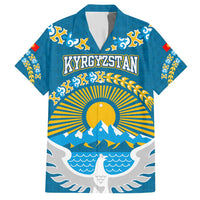 Kyrgyzstan Mountain Sunrise Family Matching Short Sleeve Bodycon Dress and Hawaiian Shirt with Blue with Eagle, Sun, and National Flag Design