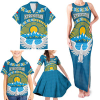 Kyrgyzstan Mountain Sunrise Family Matching Tank Maxi Dress and Hawaiian Shirt with Blue with Eagle, Sun, and National Flag Design