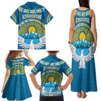 Kyrgyzstan Mountain Sunrise Family Matching Tank Maxi Dress and Hawaiian Shirt with Blue with Eagle, Sun, and National Flag Design