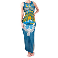 Kyrgyzstan Mountain Sunrise Family Matching Tank Maxi Dress and Hawaiian Shirt with Blue with Eagle, Sun, and National Flag Design