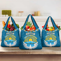 Kyrgyzstan Mountain Sunrise Grocery Bag with Blue with Eagle, Sun, and National Flag Design