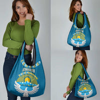 Kyrgyzstan Mountain Sunrise Grocery Bag with Blue with Eagle, Sun, and National Flag Design