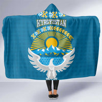 Kyrgyzstan Mountain Sunrise Hooded Blanket with Blue with Eagle, Sun, and National Flag Design