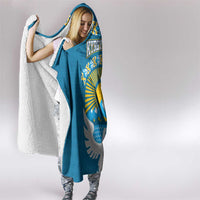 Kyrgyzstan Mountain Sunrise Hooded Blanket with Blue with Eagle, Sun, and National Flag Design