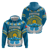 Kyrgyzstan Mountain Sunrise Hoodie with Blue with Eagle, Sun, and National Flag Design