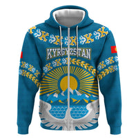 Kyrgyzstan Mountain Sunrise Hoodie with Blue with Eagle, Sun, and National Flag Design