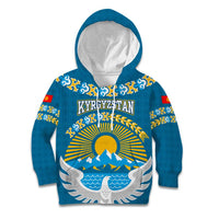 Kyrgyzstan Mountain Sunrise Kid Hoodie with Blue with Eagle, Sun, and National Flag Design