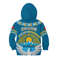 Kyrgyzstan Mountain Sunrise Kid Hoodie with Blue with Eagle, Sun, and National Flag Design