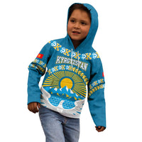 Kyrgyzstan Mountain Sunrise Kid Hoodie with Blue with Eagle, Sun, and National Flag Design