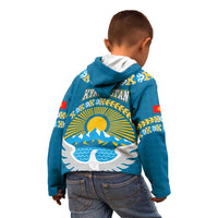 Kyrgyzstan Mountain Sunrise Kid Hoodie with Blue with Eagle, Sun, and National Flag Design