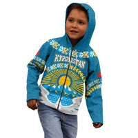 Kyrgyzstan Mountain Sunrise Kid Hoodie with Blue with Eagle, Sun, and National Flag Design