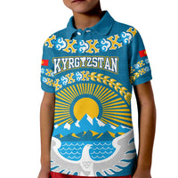 Kyrgyzstan Mountain Sunrise Kid Polo Shirt with Blue with Eagle, Sun, and National Flag Design