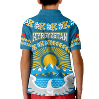 Kyrgyzstan Mountain Sunrise Kid Polo Shirt with Blue with Eagle, Sun, and National Flag Design