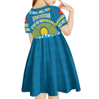 Kyrgyzstan Mountain Sunrise Kid Short Sleeve Dress with Blue with Eagle, Sun, and National Flag Design