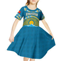 Kyrgyzstan Mountain Sunrise Kid Short Sleeve Dress with Blue with Eagle, Sun, and National Flag Design