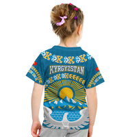 Kyrgyzstan Mountain Sunrise Kid T Shirt with Blue with Eagle, Sun, and National Flag Design