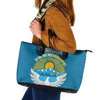 Kyrgyzstan Mountain Sunrise Leather Tote Bag with Blue with Eagle, Sun, and National Flag Design