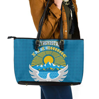 Kyrgyzstan Mountain Sunrise Leather Tote Bag with Blue with Eagle, Sun, and National Flag Design