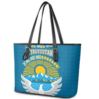 Kyrgyzstan Mountain Sunrise Leather Tote Bag with Blue with Eagle, Sun, and National Flag Design